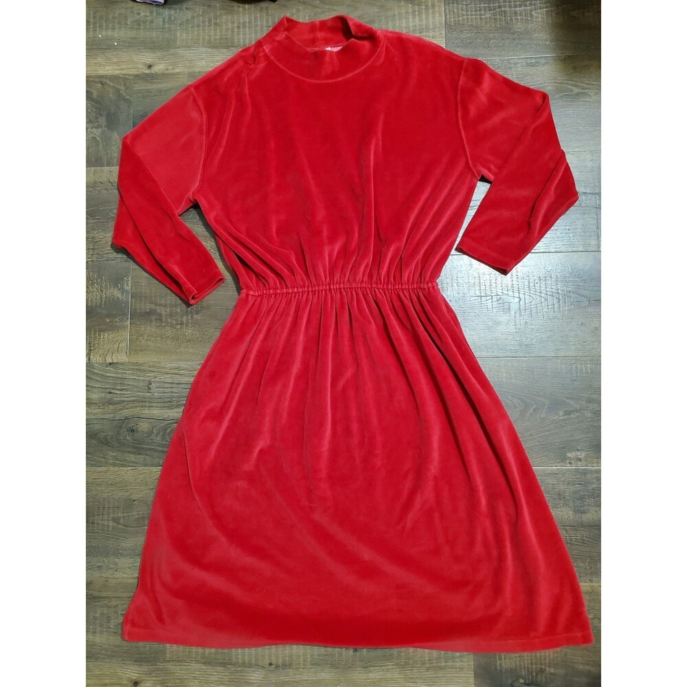 L.L. Bean Vintage Velour Modest Turtle Neck MIDI Dress Red Size XL Petite